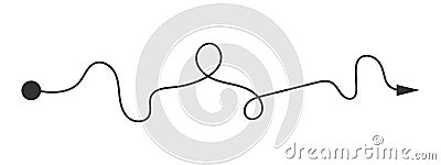 Curved line with start point and direction arrow. Difficult way, chaos path, hard route, challenge symbol isolated on Vector Illustration