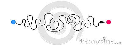 Curved line from start to finish points. Difficult way, chaotic path, hard route, challenge symbol isolated on white Vector Illustration