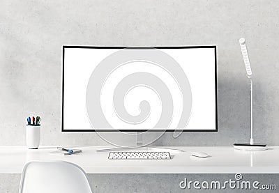 Curved monitor on white desktop concrete interior mockup 3D rendering Stock Photo