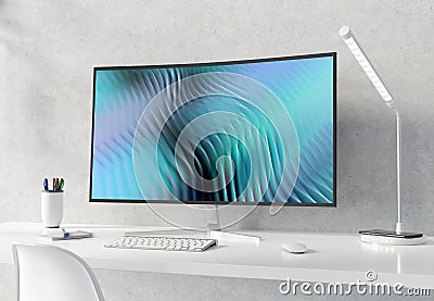 Curved monitor on white desktop and concrete interior mockup 3D rendering Stock Photo