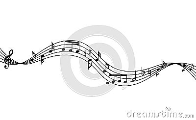 Curved music staff and notes background. Waving musical staff and notes background. Vector Illustration