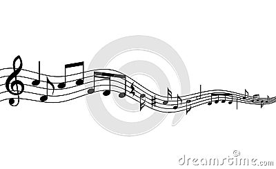 Curved music staff and notes background. Waving musical staff and notes background. Vector Illustration