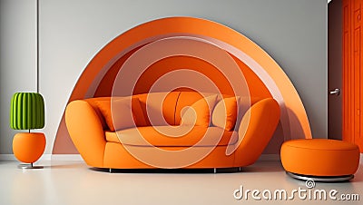 Curved orange sofa in room with 3D painting background. Minimalist home interior design of modern living room. Stock Photo