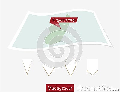 Curved paper map of Madagascar with capital Antananarivo on Gray Vector Illustration