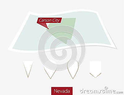 Curved paper map of Nevada state with capital Carson City on Gray Background. Four different Map pin set. Vector Illustration