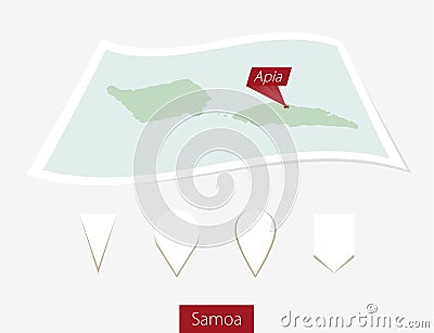 Curved paper map of Samoa with capital Apia on Gray Background Vector Illustration