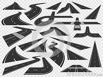 Curved road in perspective. Bending highways curves, rural bended asphalt and curving turn roads vector illustration set Vector Illustration