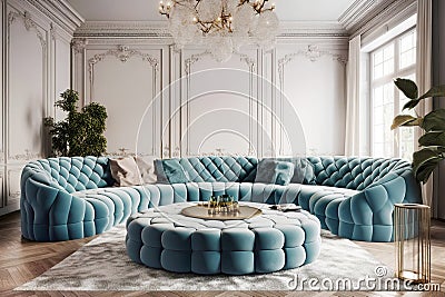 Curved round turquoise tufted sofa and pouf in room with white classic panels wall. Art deco style home interior design of modern Stock Photo