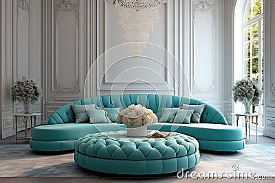 Curved round turquoise tufted sofa and pouf in room with white classic panels wall Stock Photo