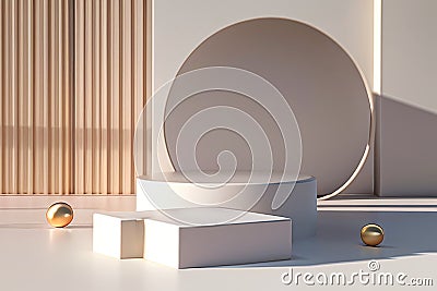 Curved shape, square shape, podium display, light and shadow, pastel color and cream theme, minimal style - 3d rendering Stock Photo