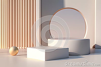 Curved shape, square shape, podium display, light and shadow, pastel color and cream theme, minimal style - 3d rendering Stock Photo