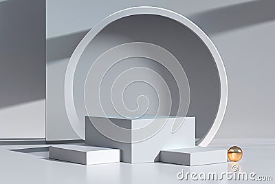 Curved shape, square shape, podium display, light and shadow, pastel color and gray theme, minimal style - 3d rendering Stock Photo