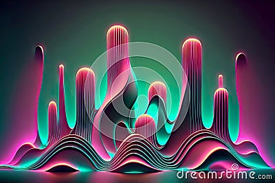 curved and sinuous waves with three-dimensional shape in form of 3d render neon background Stock Photo