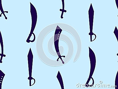 Curved swords seamless pattern. Swords silhouettes. Indian and oriental weapon, scimitar. Design of swords for posters, banners Vector Illustration