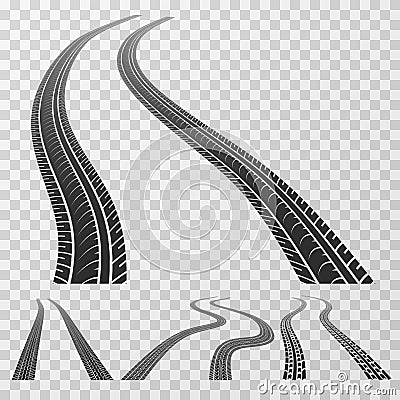 Curved tire tracks stretching to the horizon, tread marks isolated on transparent background vector stock Vector Illustration