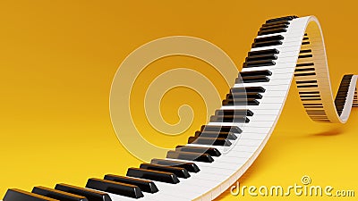 Curved wavy grand piano keyboard on yellow background. Abstract design for music banners. 3D rendering image. Stock Photo