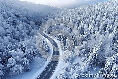 curved winding road through the forest up in the mountains in the winter with snow covered trees Stock Photo