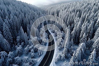 curved winding road through the forest up in the mountains in the winter with snow covered trees Stock Photo