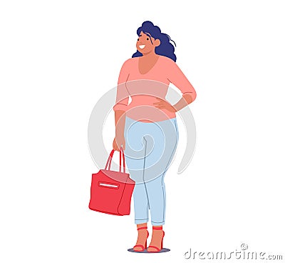 Curvy Female Character Accepts Herself, Bodypositive Concept. Happy Big Chubby Woman, Beautiful Confident Girl Plus Size Vector Illustration