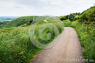 Curvy path on hilly landscape on cloudy day Stock Photo