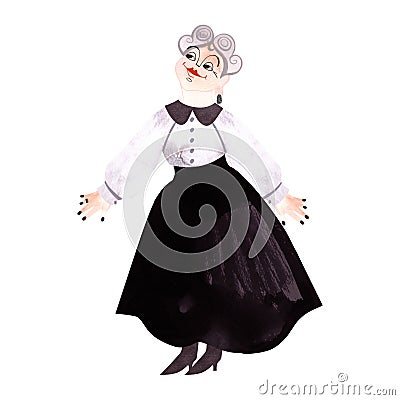 Curvy plump smiling cheerful middle aged woman with gray curls wearing a white blouse with a black collar, a black skirt Cartoon Illustration