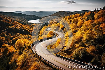 A Curvy Road through Nature's Canvas from Above. AI Generative Stock Photo