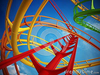 Curvy roller coaster rails in the sky. 3D illustration Cartoon Illustration