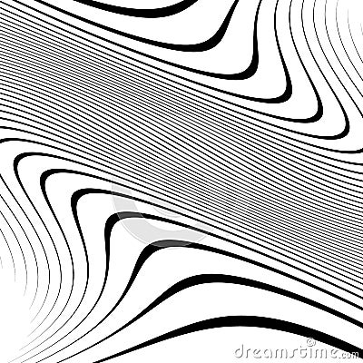 Curvy, waving lines abstract geometry element. Monochrome distorted stripes, random lines pattern Vector Illustration