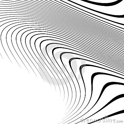 Curvy, waving lines abstract geometry element. Monochrome distorted stripes, random lines pattern Vector Illustration