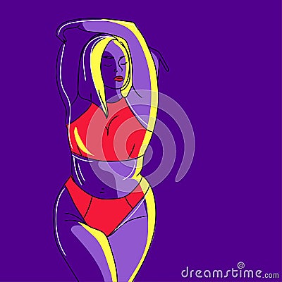 Curvy woman in line art style on purple background vector illustration. Attractive beautiful girl in a swimsuit Vector Illustration