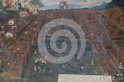 Cusco painting, in color shows how the earthquake of the year March 31, 1650 in the city of Cuzco Peru Editorial Stock Photo