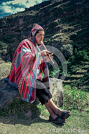 Cusco / Peru - May 29.2008: Portrait of a man, shepherd, goat herder, dressed up in native, peruvian costume Editorial Stock Photo