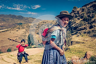 Cusco / Peru - May 29.2008: Portrait of the old native peruvian woman in the Andean mountains Editorial Stock Photo