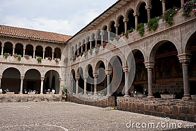 Stone arches surrounding the central courtyard of The Qorikancha or Coricancha, an ancient Inca Temple. Editorial Stock Photo