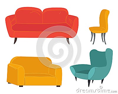 Cushioned furniture multicolored set. Sofa and armchair living room furniture modern design Vector Illustration