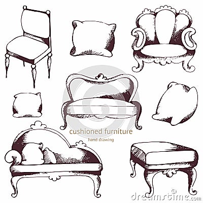 Cushioned furniture. Vector set. Hand drawing Vector Illustration