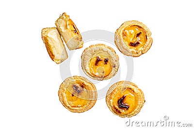 Custard Tarts Pasteis de Belem, Portuguese pastel de Nata. Isolated, white background. Stock Photo