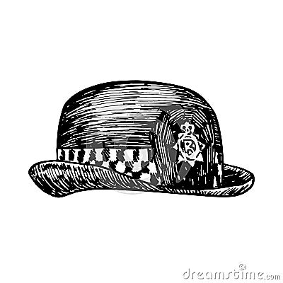 Custodian helmet, british police woman uniform hat, gravure style ink drawing illustration isolated Vector Illustration