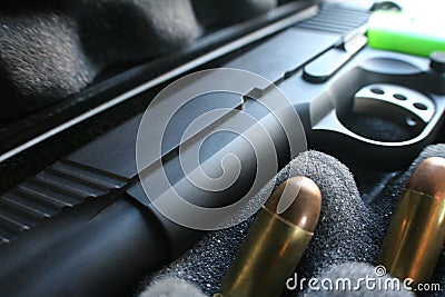 Custom 1911 45 Auto Handgun In Case With Bullets High Quality Stock Photo