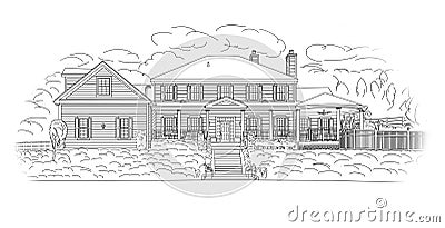 Custom Black House Facade Drawing on White Stock Photo