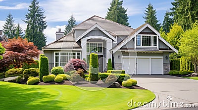 Custom built luxury house with nicely trimmed front yard. generated by AI tool. Stock Photo