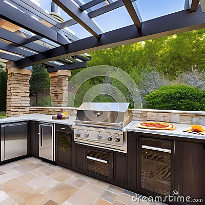 2 A custom-built outdoor kitchen with a pizza oven, grill, and sink for the ultimate outdoor cooking experience2, Generative AI Stock Photo