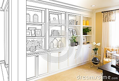 Custom Built-in Shelves and Cabinets Design Drawing Gradating Stock Photo