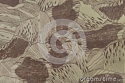 Custom camouflage texture pattern, horizontal pale green tan taupe brown textured camo background, old aged weathered cotton twill Stock Photo