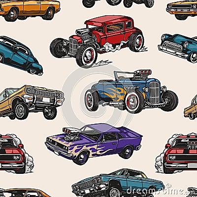 Custom cars vintage colorful seamless pattern Vector Illustration