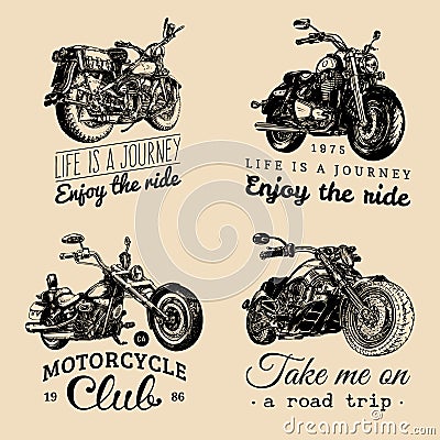 Custom chopper and motorcycle logos set. Vintage inspirational posters, t-shirt prints collection for MC, garage etc. Vector Illustration