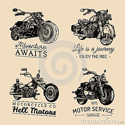 Custom chopper and motorcycle logos set. Vintage inspirational posters, t-shirt prints collection for MC, garage etc. Vector Illustration