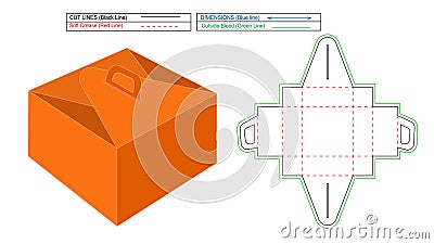 Custom corrugated cardboard carrier box packaging, food mug buttole cake gift carrier box, 3d render and dieline template with Vector Illustration