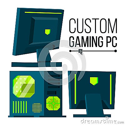 Custom Gaming PC Vector. Modern Custom Build Personal Computer. Hardline Liquid Beautiful Case Design. Isolated Flat Vector Illustration