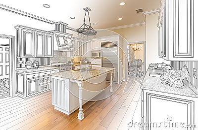 Custom Kitchen Design Drawing and Gradated Photo Combination Stock Photo